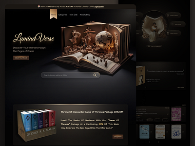 Online Book Shop "landing page" book booklover bookonlineshop books bookshop darkmode design figma gold landingpage magic modern nerd onlineshop reader shop ui web webdesign