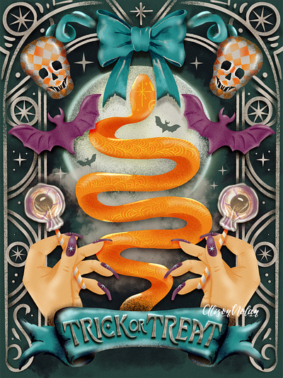 Treats and Tarots book cover design design drawing challenge female illustrator hand drawn hand lettering illustration procreate scary and sweet serpent tarot trick or treat