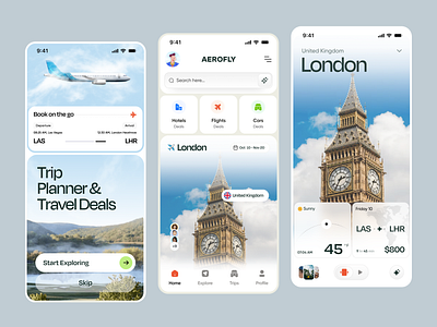 AeroFly - Travel Mobile App adventure app app design clean design destination mobile mobile app mobile app design tourism travel travel agency travel app traveler traveling trip ui ux