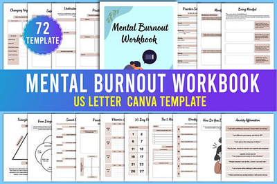 Mental Burnout Workbook Canva Templates anxiety affirmation my 10 affirmations my bucket list personal boundaries sleep tracker vision board workbook canva interior