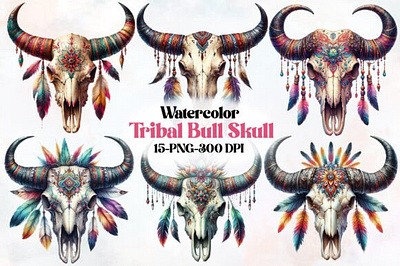 Watercolor Tribal Bull Skull Clipart 3d animation app branding design graphic design illustration logo motion graphics typography ui ux vector