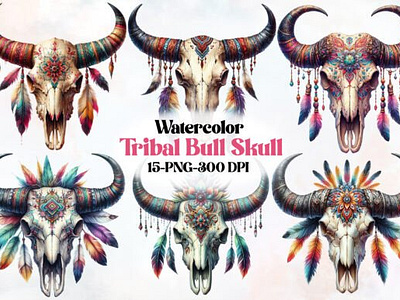 Watercolor Tribal Bull Skull Clipart 3d animation app branding design graphic design illustration logo motion graphics typography ui ux vector