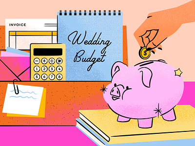 Wedding budgeting tips budgeting calculator coin colorful feminine finance hand illustration invoice mid century modern money piggy bank pink texture vintage