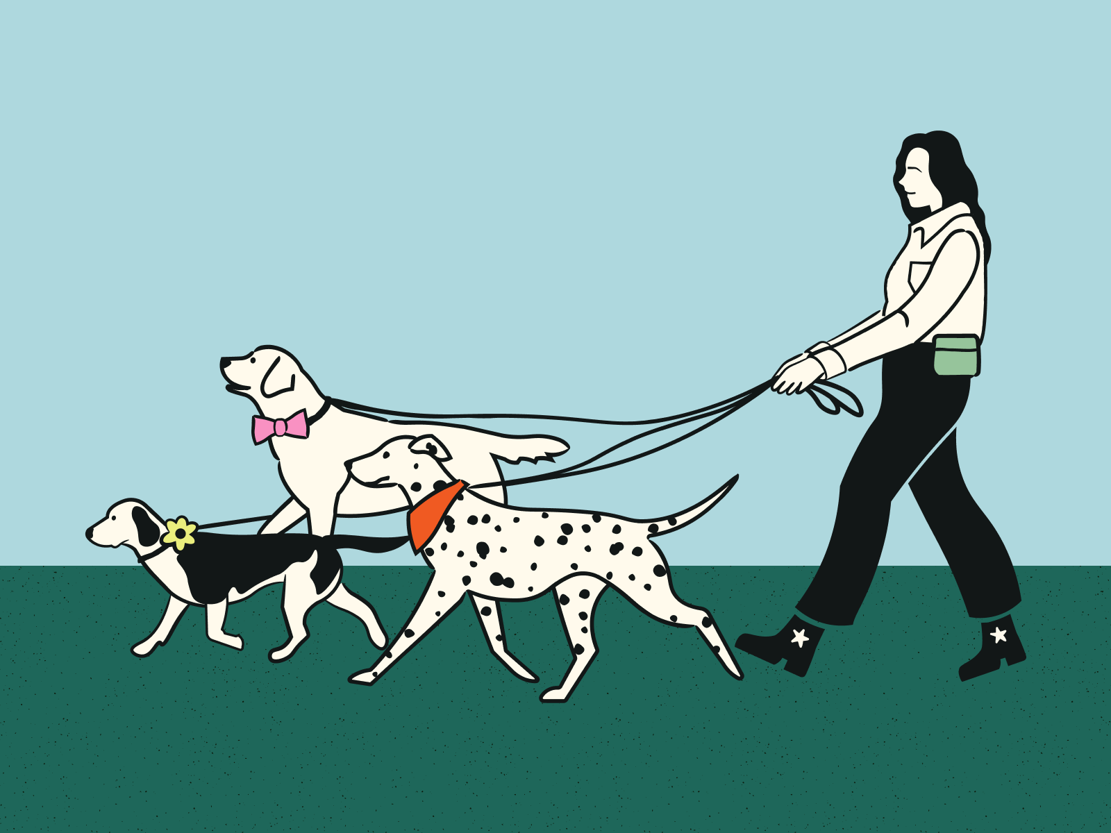 A colorful dog walker illustration blog character colorful dalmatian dog editorial feminine flower illustration insurance pet texture vintage walker