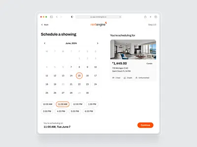 Schedule an apartment visit | Rentengine accessible ai ai scheduler apartment calendar chip date selector flat design modular real state rounded corner schedule sidebar time selector widget