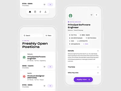 Jobfinder app ai job finder case study flat design floating button floating nav freelance fullscreen job board minimal ui nav bar product design vacancy