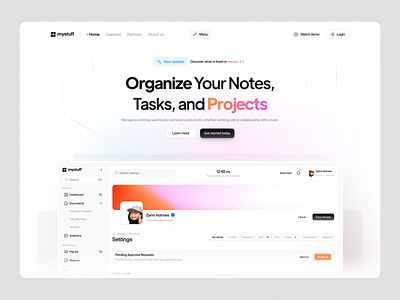 Mystuff - Note Taking App Landing Page button clean customize dashboard design detail gradient landing landing page minimal note note taking product design productivity profile settings task ui ux website