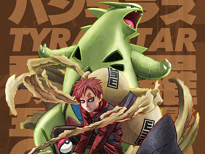 Pokeruto: Gaara & Tyranitar artwork comic crossover fanart gaara illustration naruto ninja pokemon tyranitar