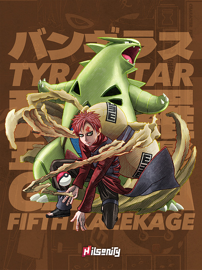 Pokeruto: Gaara & Tyranitar artwork comic crossover fanart gaara illustration naruto ninja pokemon tyranitar