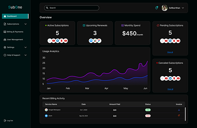 SaaS Subscription Management Dashboard (Dark) adobexd appdesign billingui branding businessdashboard dashboard designprocess figma graphic design pendingsubscriptions productmanagement renewalmanagement saas saasapp sketch subscriptiontracking ui uidesigntools ux webdevelopment