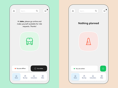 Driver App Status States app bus buttons driver home menu navigation offline online ride rider shuttle ui ux