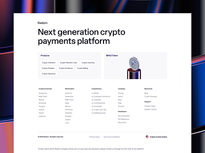 Radom Footer 3d crypto cryptocurrency footer product design software splinetool technology token design web development web3 webflow website design