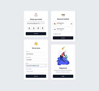 Multi-Step Registration Flow UI design minimalistic modals payment registration ui ux verification