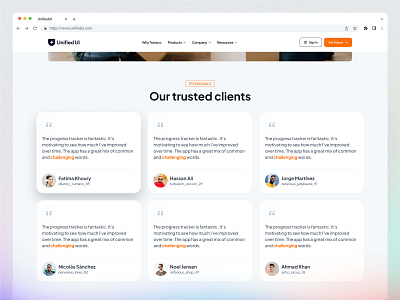 UnifiedUI — Testimonial Sections client feedback digital business feedback landing landing page section testimonials ui ui design unified ui unifiedui user interface ux website