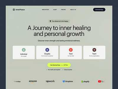 InnerPeace - Website Design design health landing page mental health mental peace mental therapy mind health relax therapy ui uidesign uiux user interface design website design