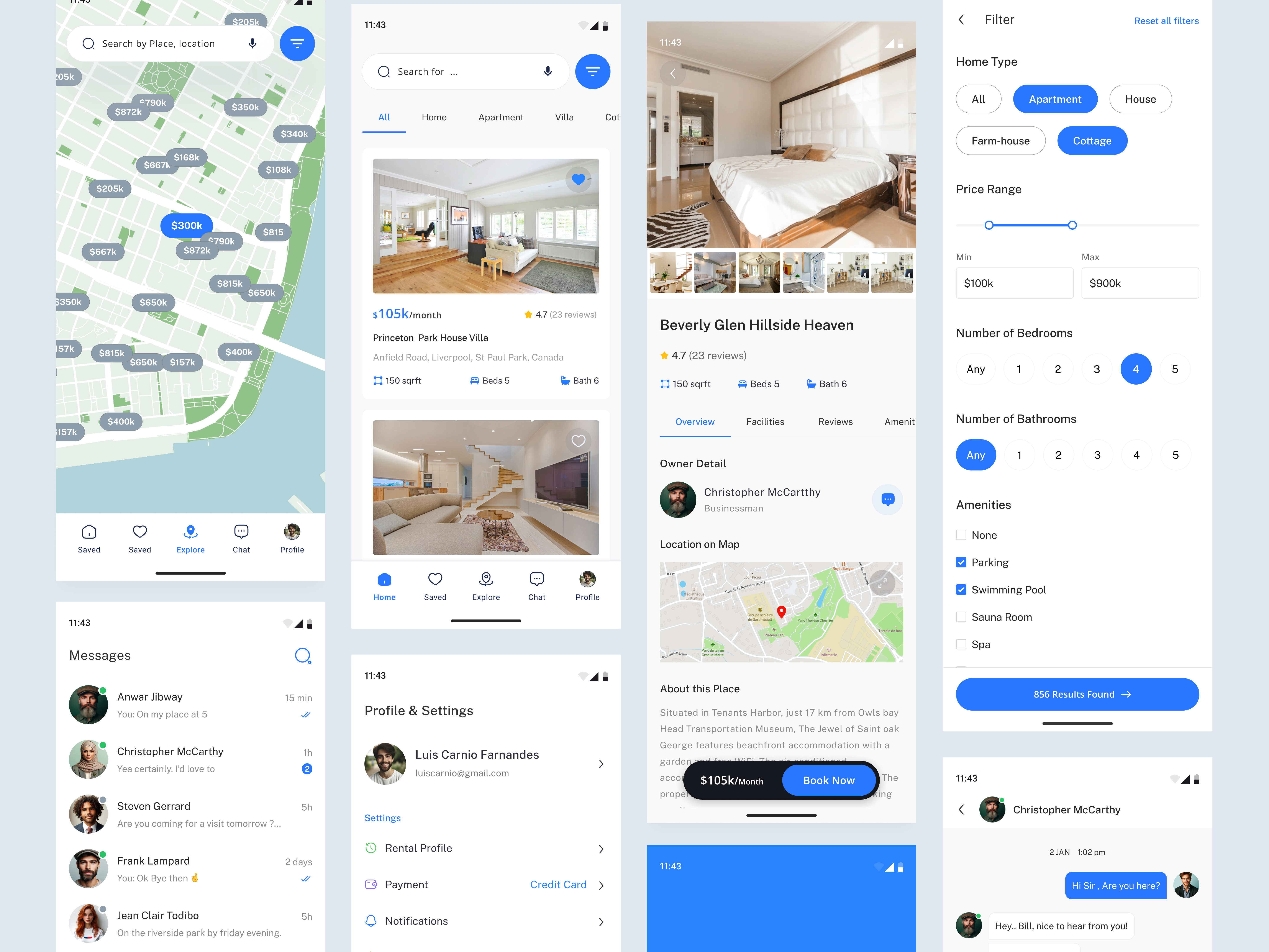 Real Estate Mobile App - House Buy & Rent chat home house buy sell house rent buy map mobile app mobile design product design product detail profile real estate app real estate website settings splash screen ui ux ui ux design