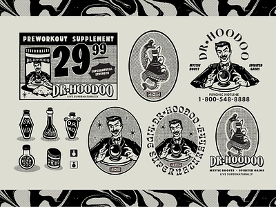 Dr. Hoodoo - Visual Identity System americana brand branding design dr. drawing graphic design gym hand illustration label logo mid century packaging potion snake vintage workout