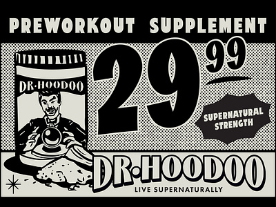 Dr. Hoodoo - Advertisement Mockup ad advertisement americana bcaa brand branding design elixir graphic design gym illustration logo magic mid century potion preworkout supplement vintage voodoo workout