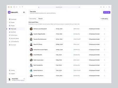 MarcoHR - Saas Payroll Time Management Dashboard employee leave employee time management hr application leave management system management ui product design productivity saas dashboard saas payroll application saas time management application time card time management time tool time tracking ui