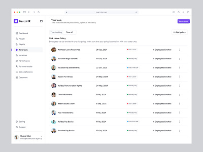 MarcoHR - Saas Payroll Time Management Dashboard employee leave employee time management hr application leave management system management ui product design productivity saas dashboard saas payroll application saas time management application time card time management time tool time tracking ui