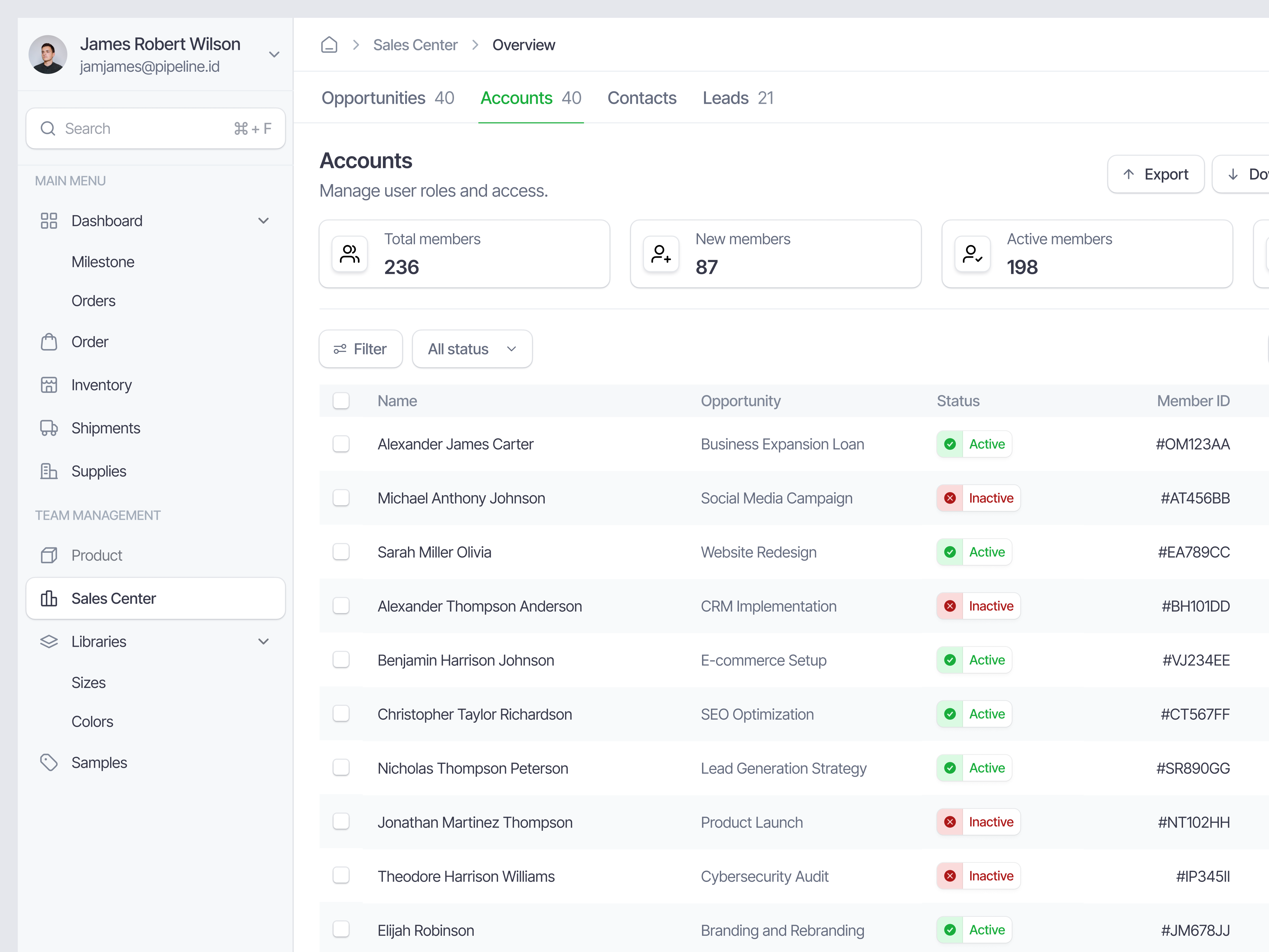 Example of Sales Management Saas Web App - Sales Center Accounts