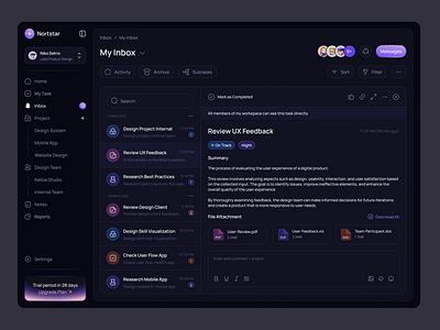 Nortstar - Inbox Project Management Tools ai ai platform chat chatting clean design dashboard design inbox message minimalist navbar project management roomchat sidebar task menagement teamworks ui ux website works