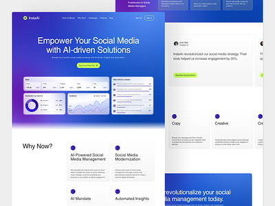 InstaAI - Social Media Management Website ai ai website b2b barkahlabs brand clean crm home page landing page social media social media management startup ui design uiux web web design website