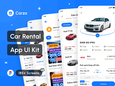 Carzo - Car Rental App UI Kit app app design application car booking app car rental app design design system interface mobile portfolio project rent a car app ride hailing app ride sharing app template travel app ui ui design ui kit uiux