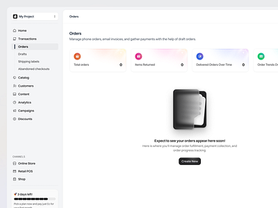 Commerce Platform for Business Growth - Orders Empty State analytics b2b clean dashboard dashboard design ecommerce empty state marketing tools marketplace minimal reporting saas saas dashboard sales dashboard shop shopify store ui ux web app
