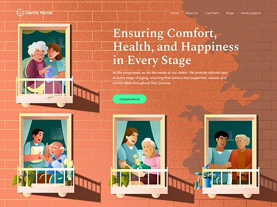 Elder Care Website - Hero Header Illustration blog digital art elder care golden age graphic design healthy home illustration illustration landing page lifestyle top section vector website website illustration