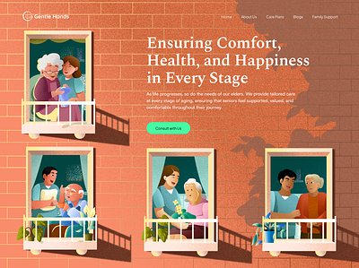 Elder Care Website - Hero Header Illustration blog digital art elder care golden age graphic design healthy home illustration illustration landing page lifestyle top section vector website website illustration