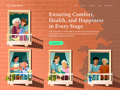 Elder Care Website - Hero Header Illustration blog digital art elder care golden age graphic design healthy home illustration illustration landing page lifestyle top section vector website website illustration