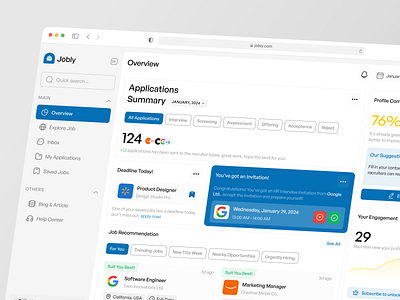 Jobly - Job Finder Dashboard [Overview Page] clean clean design dashboard design finder hired job job finder overview ui ui design uiux ux work