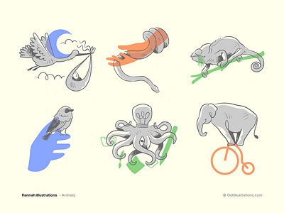 Animal illustrations | Hannah animals bird chameleon design elephant getillustrations hannah icons illustration minimal design octopus outline pets snake spot illustrations ui ui icons vector icons vector illustrations website illustrations