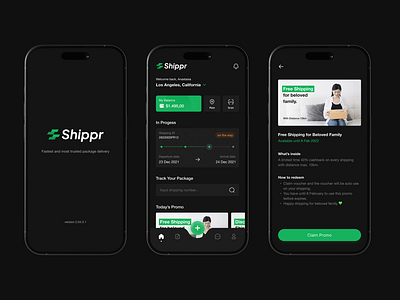 Shippr - Shipping App application balance branding courier dark delivery design flat graphic design illustration interface logo mobile package promo shipment shipping track ui vector