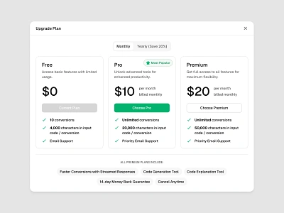 Upgrade Plan ai code converter comparison dashboard features plans plans table product product design saas subscribe subscription ui ui design upgrade plan ux ux design web web app web design