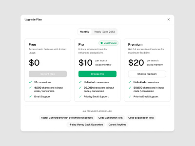 Upgrade Plan ai code converter comparison dashboard features plans plans table product product design saas subscribe subscription ui ui design upgrade plan ux ux design web web app web design