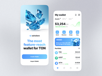 Coinclave TON Wallet App Design app design blue branding bright creative design designstudio fintech graphic design illustration interface metaverse mobile product design tech ui web design web3