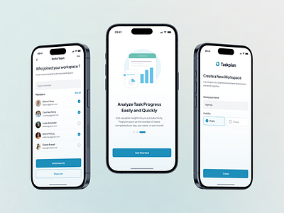 Taskplan - Task Manager App - Onboarding & Team Mockup Version agency app clean home invite mobile app mockup onboarding plan product scheduling statistics task task management team template timeline uikit uiux workspace