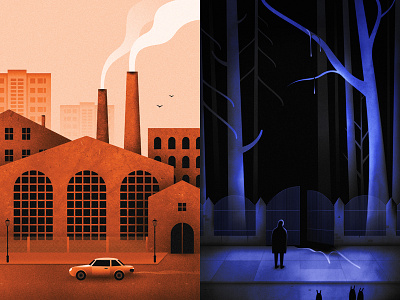 🍁 architecture art atmospheric autumn buildings car city dark design drawing factory fall fog illustration martynas pavilonis nature night park spooky town