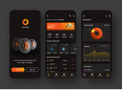 CoinForge: A Cutting-Edge Dark Mode Crypto Trading App appdesign blockchain cryptoapp cryptocurrency cryptoexchange cryptotrading darkmodeapp figmaui financeapp fintechdesign mobileappdesign modernui tradingapp uitrends uiux userexperience