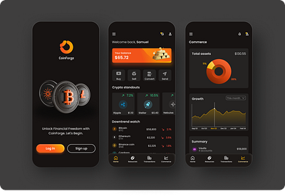 CoinForge: A Cutting-Edge Dark Mode Crypto Trading App appdesign blockchain cryptoapp cryptocurrency cryptoexchange cryptotrading darkmodeapp figmaui financeapp fintechdesign mobileappdesign modernui tradingapp uitrends uiux userexperience