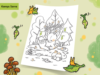 Coloring page - Cute deer in a magical forest activity animal black and white cartoon character children coloring book coloring page cute deer design for kids forest green illustration magic nature peachtober