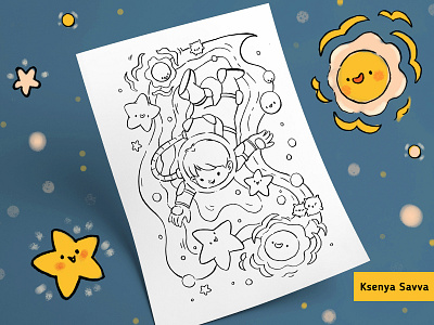 Coloring page - Cartoon astronaut and magical space creatures astronaut black and white boy cartoon character children coloring book coloring page cosmonaut cute design fantasy for kids illustration magic space star sun