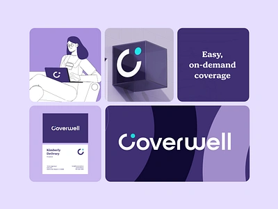 Coverwell: Modern Brand Identity for Easy and On-Demand Coverage 3d animation brand identity branding business card design clean typography corporate identity design emblem graphic design illustration insurance services logo motion graphics on demand services packaging professional ui user friendly web