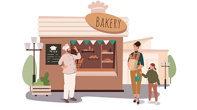 Bakery 2D Animation 2d animation baker bakery bakery shop bread shop family flat food food business fresh bread illustration motion outdoor market pastry shop salesman shop shopping storefront street