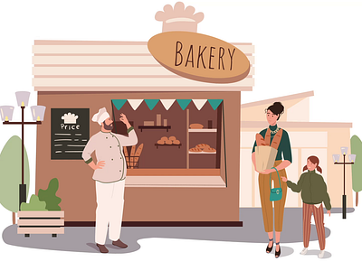 Bakery 2D Animation 2d animation baker bakery bakery shop bread shop family flat food food business fresh bread illustration motion outdoor market pastry shop salesman shop shopping storefront street