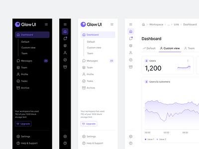 Made with Glow UI kit #4 — Sidebars dark mode dark theme design glow ui navigation side nav sidebar ui kit