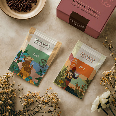 Coffee Clique branding coffee food food packaging illustration label packaging packaging design pouch