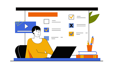 Office Work 2D Animation 2d animation checklist digital workflow employee flat illustration laptop man modern workspace motion office work online meeting productivity project planning remote work task management time management working from home workplace